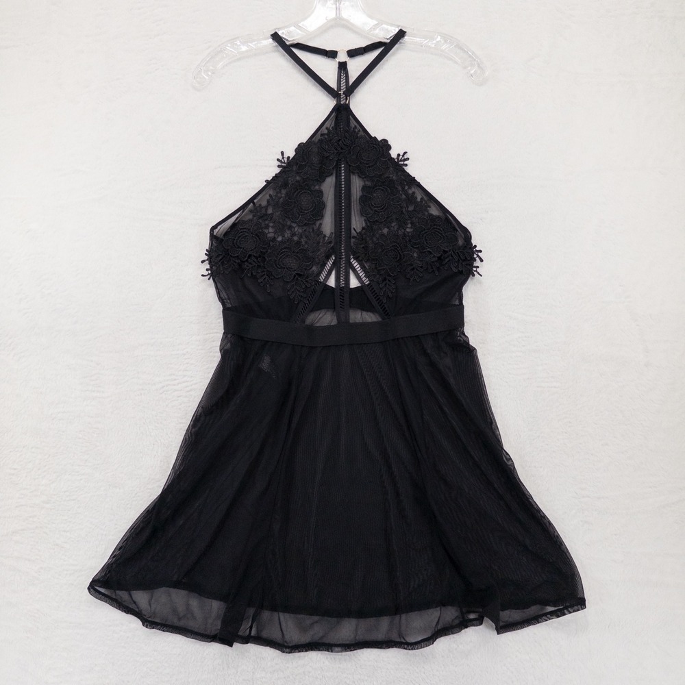 Bluebella Babydoll Chemise US L Black Floral Lace Sheer Mesh Halter Lingerie